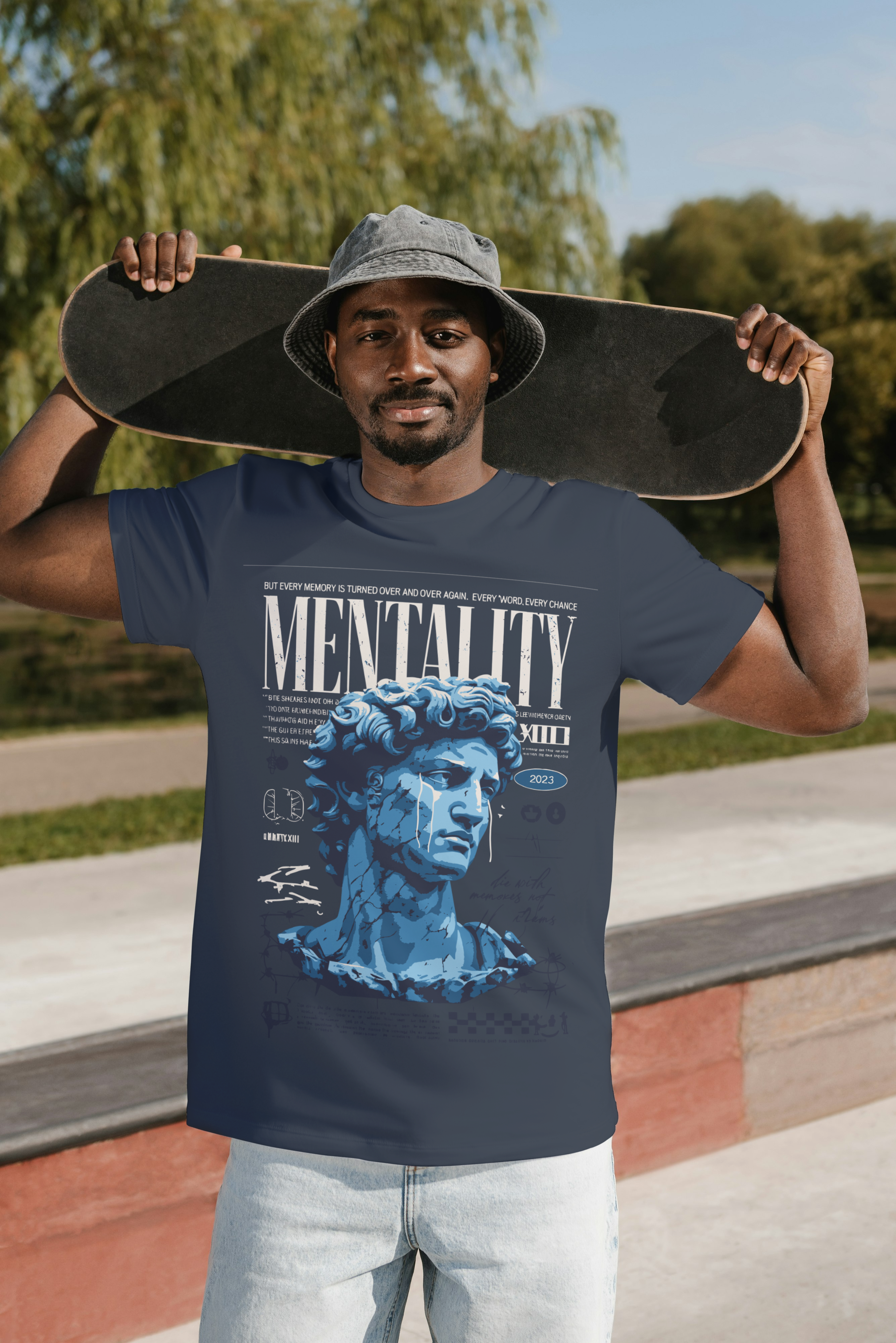 Mentality Blue Statue Graphic T-Shirt – Aesthetic Streetwear Premium Tee